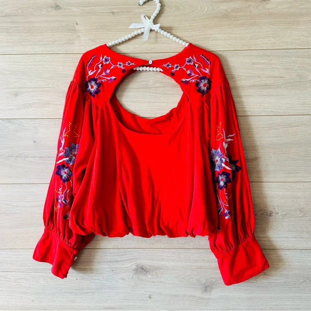 Free People Red Floral Embroidered Blouse